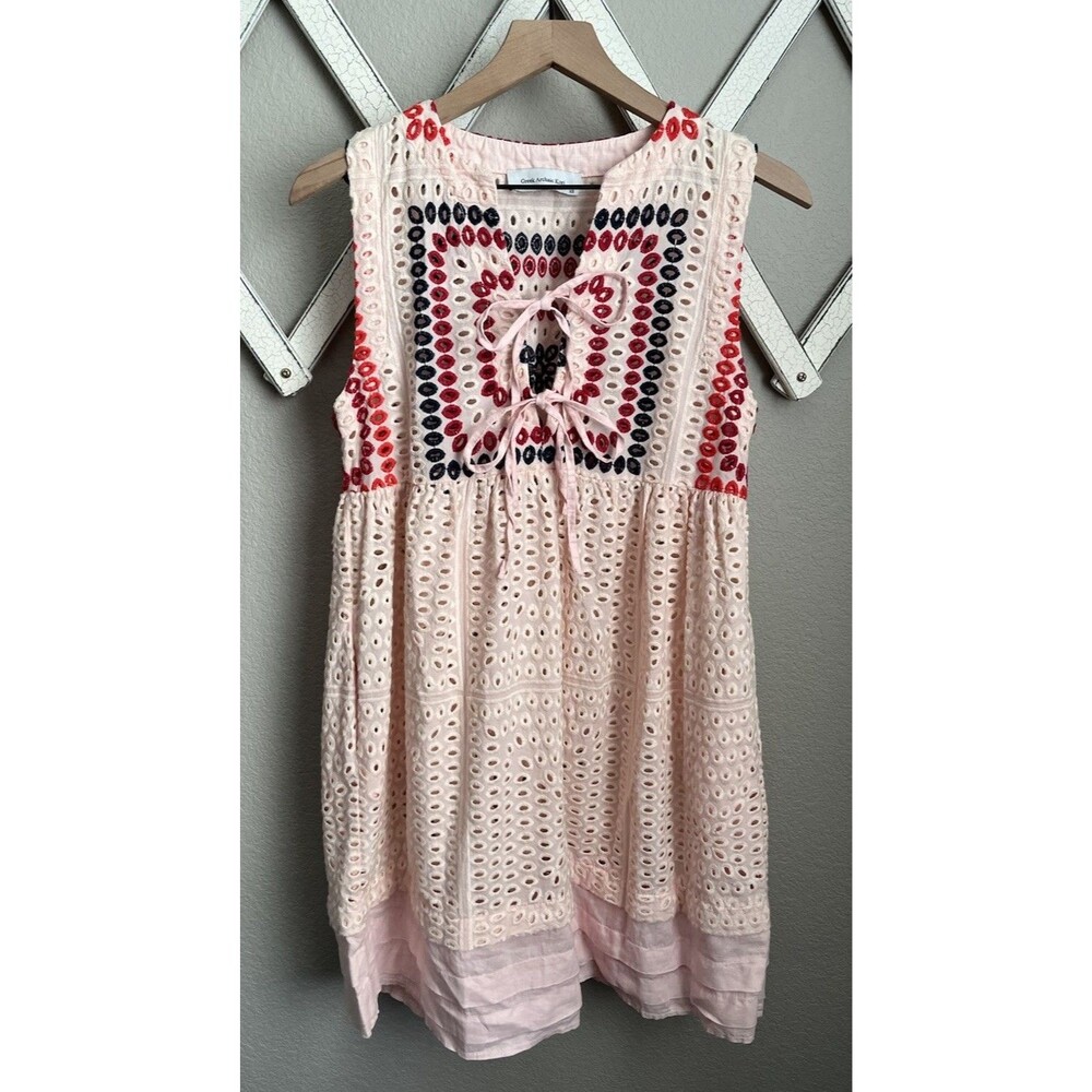 Greek Archaic Kori Women's XS Sleeveless Eyelet Mini Dress Cotton/Linen Blend